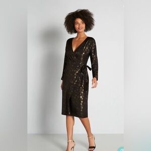 MODCLOTH Golden Record Party Wrap Dress MIDI Black Size Small NWT